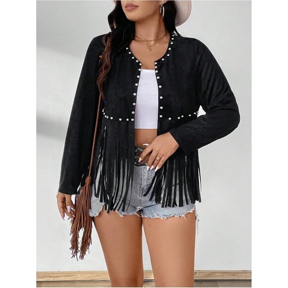 Women’s Black Plus Size Floerns Beaded Tassel Open Front Festival Jacket - Picture 4 of 6